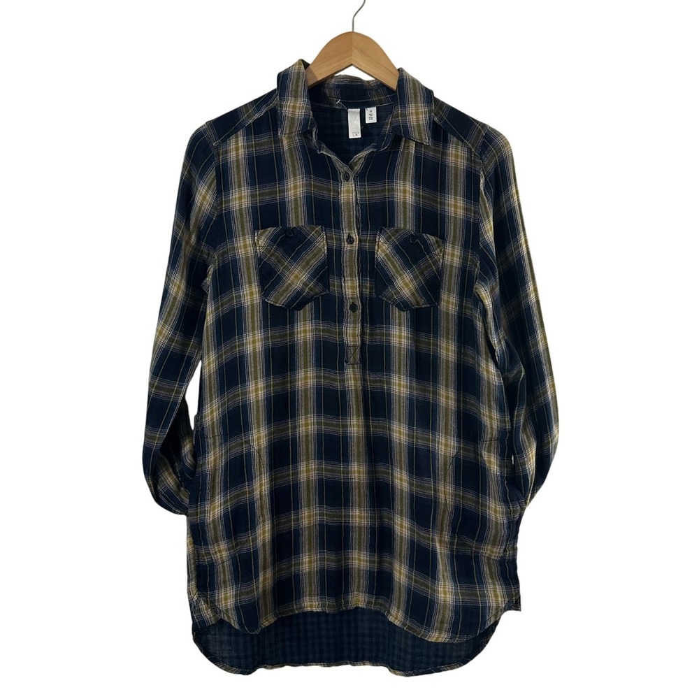 BP Nordstrom Plaid Tunic Shirt Navy Blue Olive Green Cotton XS Long Sleeve NWOT